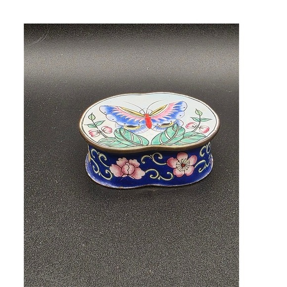 Vintage Butterfly Trinket Keepsake Box Cobalt Blue Enamel Cloisonne Storage - Picture 2 of 14